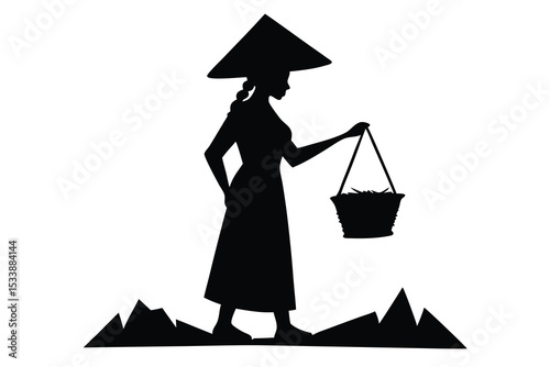 Black Silhouette of Woman with Conical Hat Carrying Basket in Field, Isolated