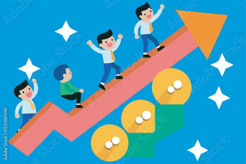 Business team climbing up success arrow with achievement and strategic growth illustration