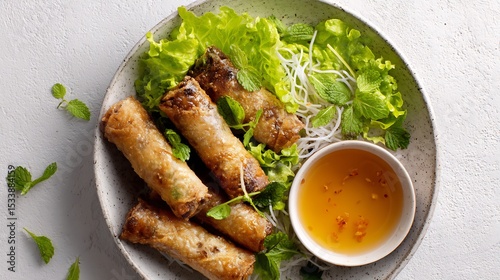 Vietnamese fried spring rolls cha gio lettuce herbs rice noodles and nuoc cham sauce top down dinner view white background
