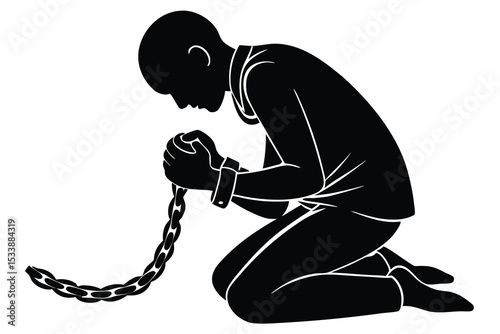 Bound Silhouette Man Kneeling with Cuffed Hands Attached to Heavy Chain