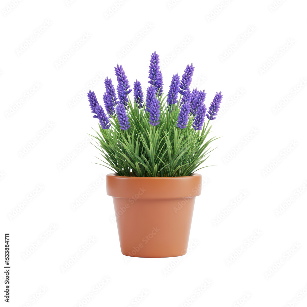 Fototapeta premium Lavender Plant in Terracotta Pot with Purple Flowers and Green Foliage on White Background