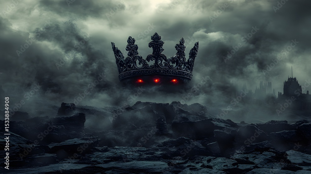 Fototapeta premium Dark iron crown hovering amidst black mist and glowing eyes, surrounded by cracked stone ruins with an ominous gothic feel