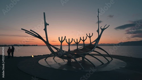 Sun voyager sculpture monument viking solfar symbolic in Reykjavik town