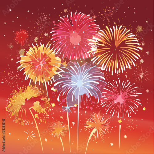 Wallpaper illustration of an explosion of vibrant fireworks colors in a night sky