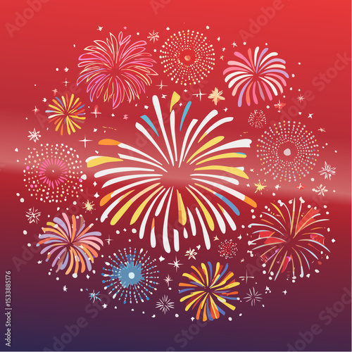 Wallpaper illustration of an explosion of vibrant fireworks colors in a night sky