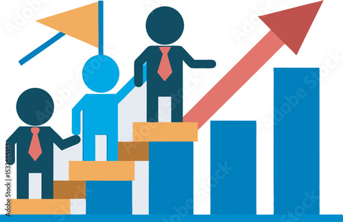 Team reaching business success illustrated with ladder people and growing financial graphs