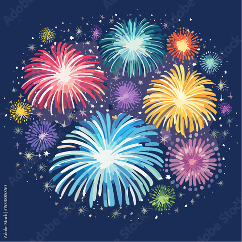 Wallpaper illustration of an explosion of vibrant fireworks colors in a night sky