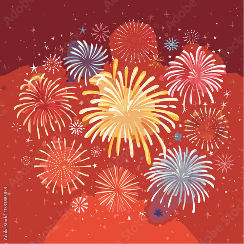Wallpaper illustration of an explosion of vibrant fireworks colors in a night sky
