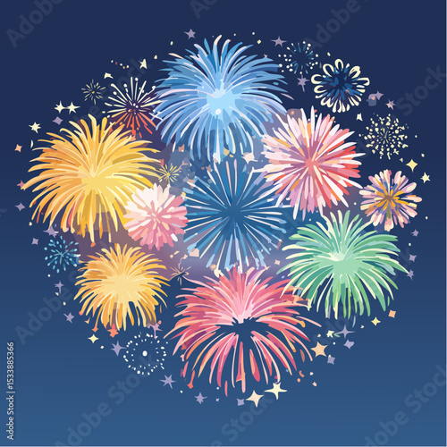 Wallpaper illustration of an explosion of vibrant fireworks colors in a night sky