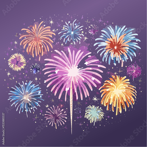 Wallpaper illustration of an explosion of vibrant fireworks colors in a night sky