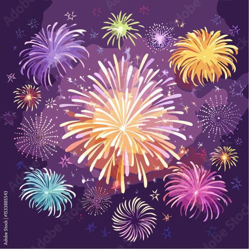 Wallpaper illustration of an explosion of vibrant fireworks colors in a night sky