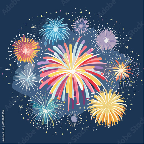Wallpaper illustration of an explosion of vibrant fireworks colors in a night sky