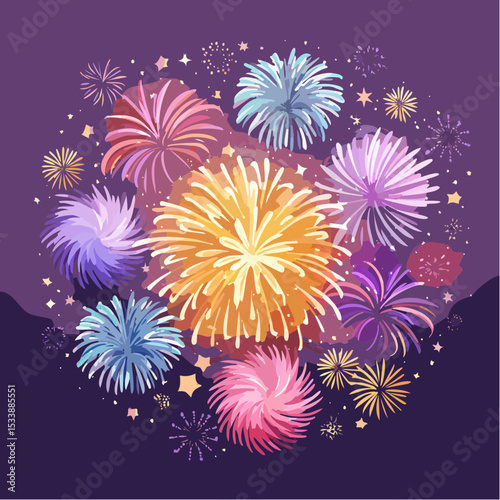 Wallpaper illustration of an explosion of vibrant fireworks colors in a night sky