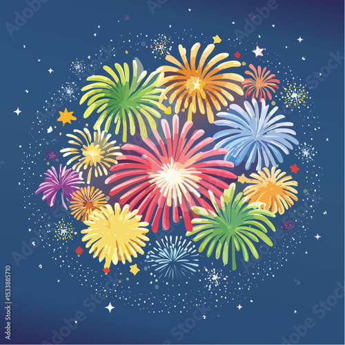 Wallpaper illustration of an explosion of vibrant fireworks colors in a night sky