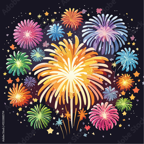 Wallpaper illustration of an explosion of vibrant fireworks colors in a night sky
