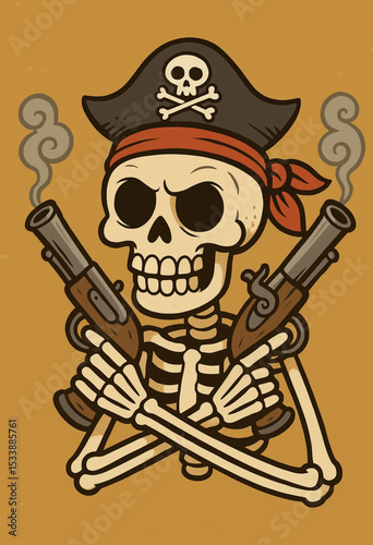 Pirate skull wearing crossbones hat and holding vintage powder gun representing fear danger horror rebel adventure and nautical outlaw  photo