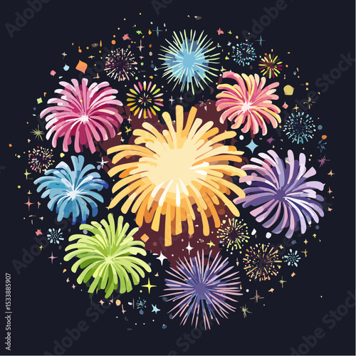 Wallpaper illustration of an explosion of vibrant fireworks colors in a night sky