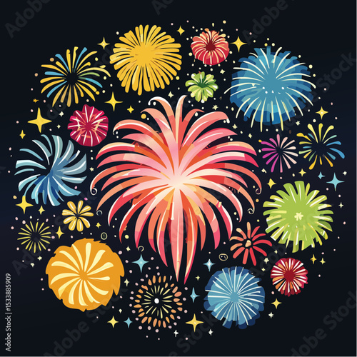 Wallpaper illustration of an explosion of vibrant fireworks colors in a night sky
