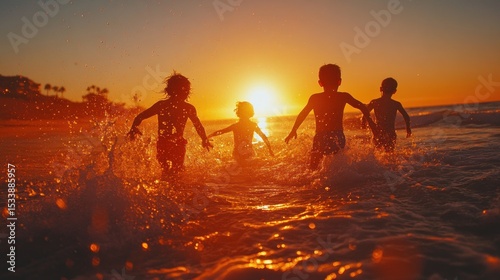 Children playing in the ocean at sunset.  Silhouettes of kids splashing in waves, golden hour light.