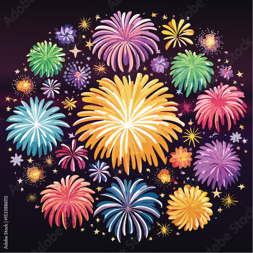 Wallpaper illustration of an explosion of vibrant fireworks colors in a night sky