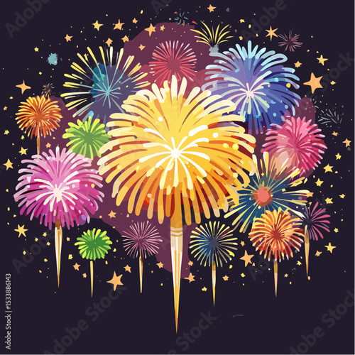 Wallpaper illustration of an explosion of vibrant fireworks colors in a night sky