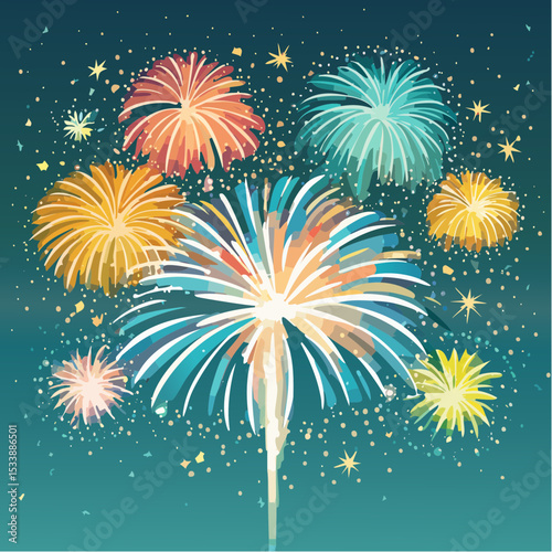 Wallpaper illustration of an explosion of vibrant fireworks colors in a night sky