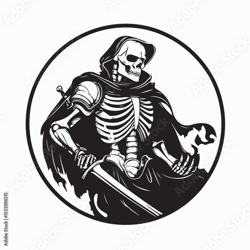 Powerful Skeleton Knight Wearing a Cloak and Holding a Sword Vector Illustration