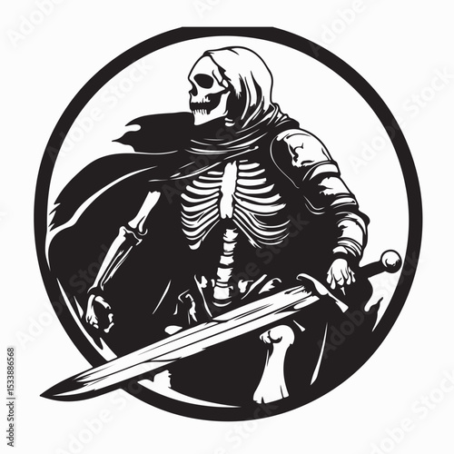 Powerful Skeleton Knight Wearing a Cloak and Holding a Sword Vector Illustration