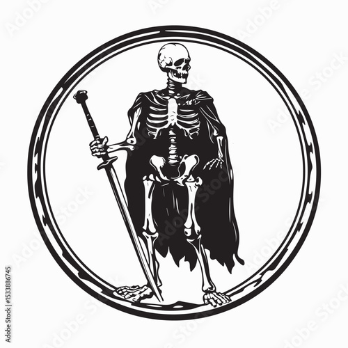 Mighty Skeleton Warrior Dressed in Cloak Wielding a Sword Vector Artwork