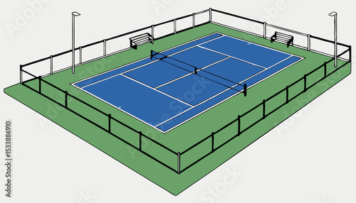 Sie view of blue tennis court with green boarder and benches to rest on 