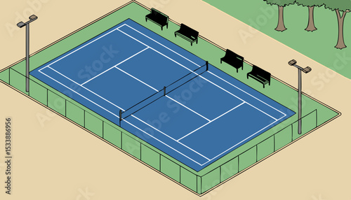 Sie view of blue tennis court with green boarder and benches to rest on 