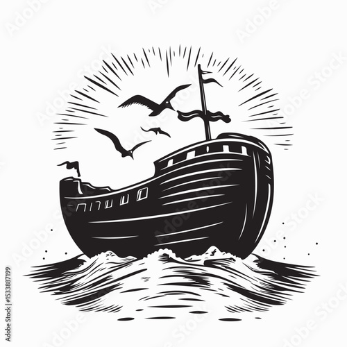Noah S Ark Illustration Depicting Large Wooden Ship Image Vector Isolated on white background.