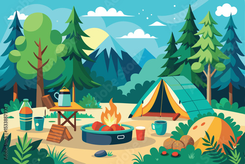 Camping in a snowy winter landscape with a cozy cabin and pine trees under a festive sky, perfect for a holiday vacation