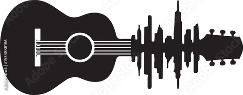 Guitar with sound waves forming a city
