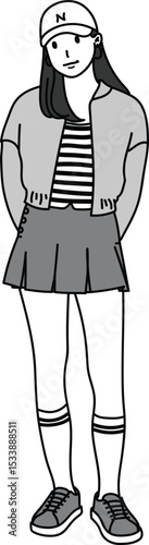 Illustration of woman in sport dress with skirt, girl daring, nice lady, cartoon drawing