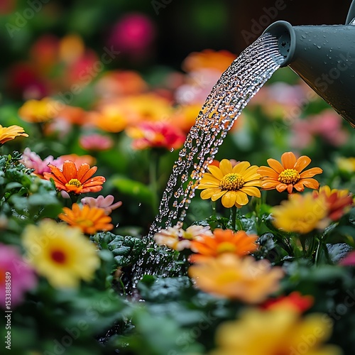 Yellow daisies sparkle under gentle garden watering high resolution picture