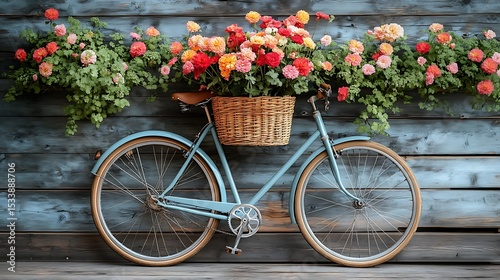 Yellow flower basket on old bike high resolution image