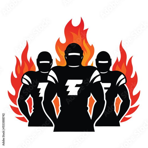 Fiery Football Team Icon Three Players Silhouetted Against Vivid Flames Background Design