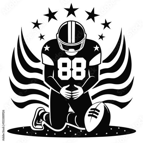 Kneeling Football Player with Ball, Stars, and Stripes in Black and White