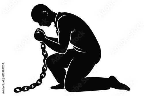 Kneeling Silhouette of a Man Holding a Chain Freedom, Struggle, and Hope