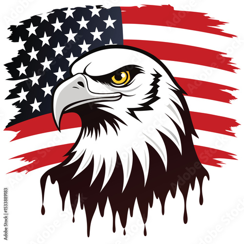 Majestic Bald Eagle with Striking American Flag Backdrop and Dripping Effect Illustration