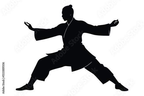 Martial Arts Silhouette Fighter Practicing Stance and Technique, Warrior in Kimono