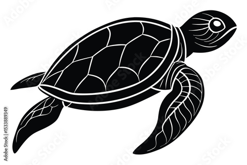 Monochrome Sea Turtle Illustration Black Silhouette with White Outline on a Clean Background