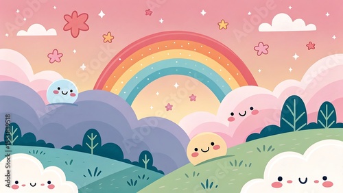 Abstract kawaii Colorful Sky rainbow background. Soft gradient pastel Comic graphic. Concept for children
