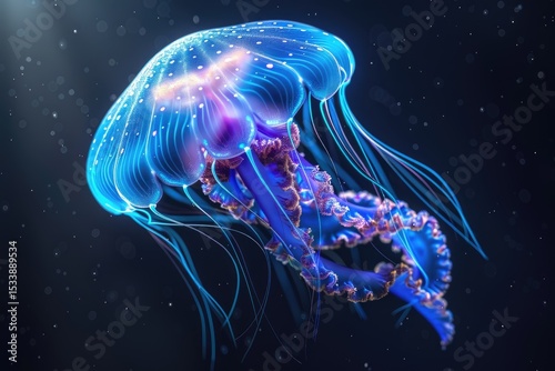 Stunning bioluminescent jellyfish underwater glowing in vibrant blue and purple hues a mesmerizing marine creature ocean wildlife