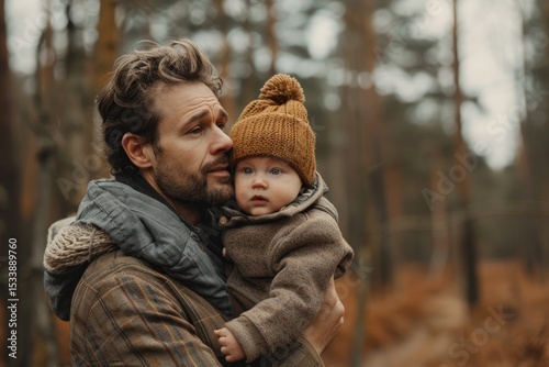 Tender father holding his baby in a serene autumn forest woodland scene, showcasing paternal love and family bonding.