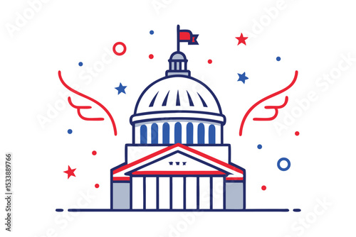 Patriotic Building Icon with Red Flag, Stars and Circles on White