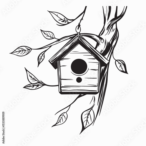Wooden Birdhouse Hanging Tree Image Vector Isolated on white background.