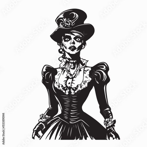 Gothic Victorian Style Female Zombie with Ornate Flourish Elements in Spooky Vector Design