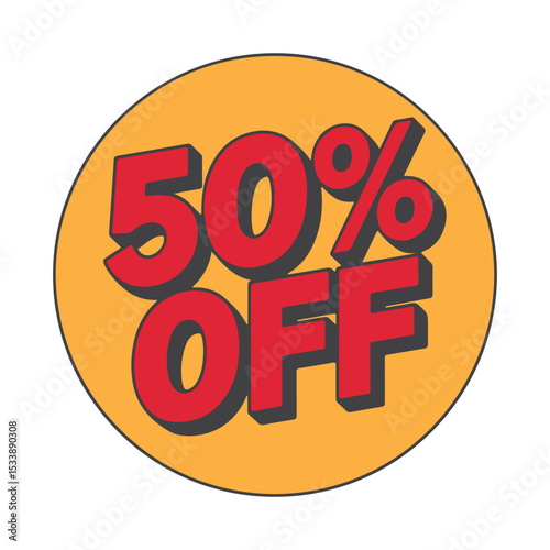 50% OFF retro comic text label with orange background — dynamic discount badge vector for ecommerce, sales, and fun marketing graphics.